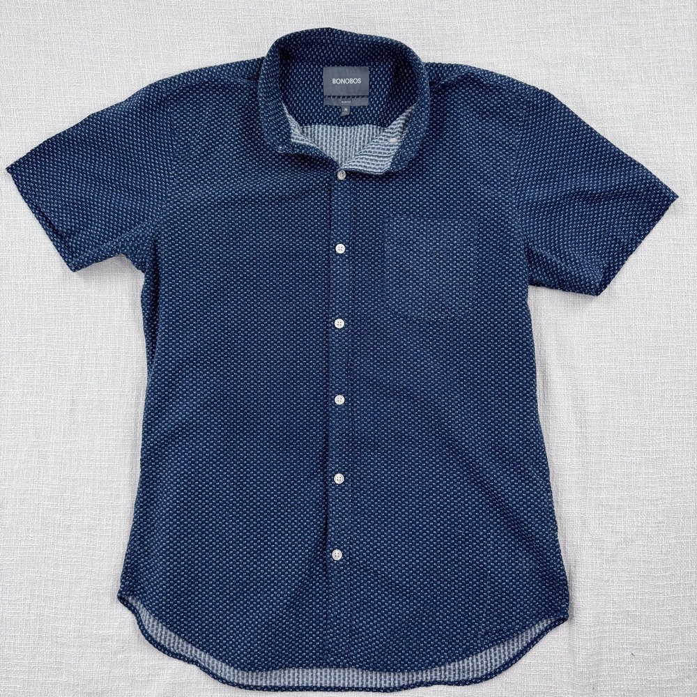 Bonobos Slim Fit Mens Medium Navy Blue Geometric Micro Print Short Sleeve Shirt